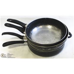 FOUR ASSORTED 12" ALUMINUM DEEP FRYING PANS