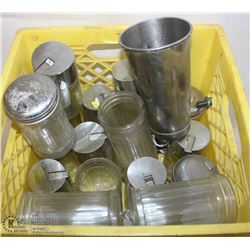 CRATE OF GLASS, SUGAR, & SURUP DISPENSERS