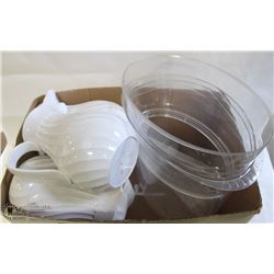 LOT OF 5 WHITE BEVERAGE CARAFES, & A LARGE