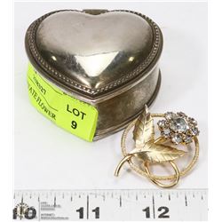 VINTAGE ESTATE FLOWER BROOCH WITH SILVER PLATED