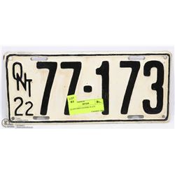 1922 ONTARIO LICENSE PLATE