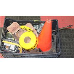 LOT WITH LEATHER TOOL BELT, ORANGE PYLONS, HAND