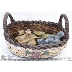WICKER BASKET WITH SOAPSTONE FIGURINES, WOODEN