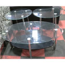 GLASS TOP COFFEE TABLE WITH 2 END TABLES.