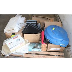 PALLET WITH AIR HOSE REEL, 2 WAY RADIO,, ROUTERS