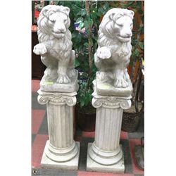 PAIR OF CEMENT LIONS ON PILLERS 54" TALL