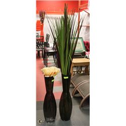 PAIR OF PURPLE GLASS VASES WITH ARTIFICIAL FLOWERS