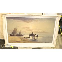 LARGE FRAMED PICTURE "SHIP & HORSE BUGGY OCEAN