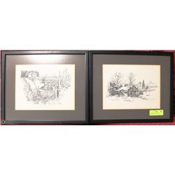 2 PEN DRAWING FRAMED PICTURES BY MEREDITH EVANS