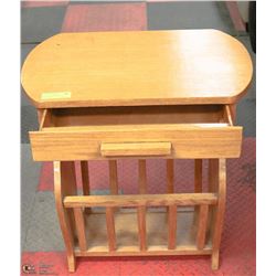WOODEN SIDE TABLE WITH DRAWER & MAGAZINE RACK.