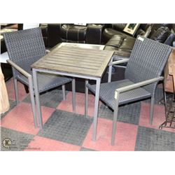 WOOD AND METAL PATIO TABLE WITH 2 ARMCHAIRS