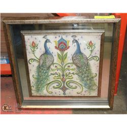 FRAMED PEACOCKS WITH A MIRRORED ACCENT 17 X 17
