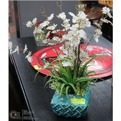 22" DISTRESSED BLUE PLANTER WITH FLORAL BLOSSOMS