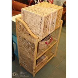 WICKER SHELF WITH STORAGE BOXES AND BASKETS