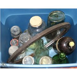 ANTIQUE GLASS JARS AND MIRROR