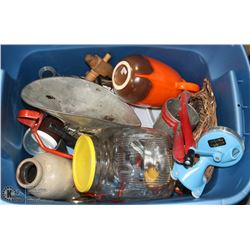 LOT OF ANTIQUES WITH TINS, WICKER, GLASS, BEAN