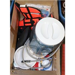LARGE BOX OF DOG ITEMS INCL DOG LIFE VESTS (UNDER