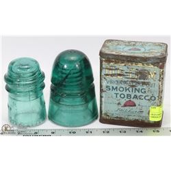 OLD CHUM TOBACCO TIN AND 2 GREEN GLASS