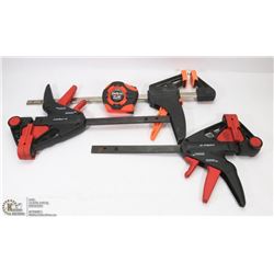 GROUP OF 3 HEAVY DUTY CLAMPS & LUFKIN 26FT TAPE