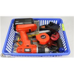 BIN OF ESTATE TOOLS INCLUDES MINI PLIER SET, LEVEL