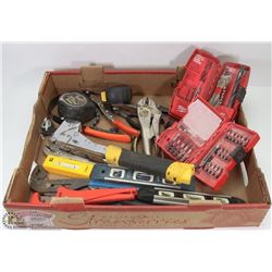 FLAT OF ESTATE TOOLS, INCLUDES MILWAUKEE BITS,
