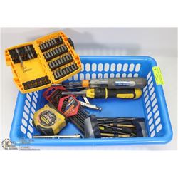BIN OF ESTATE TOOLS, INCLUDES DEWALT DRILL BITS,