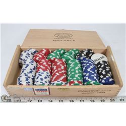 CIGAR BOX FULL OF POKER CHIPS