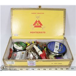 CIGAR BOX FULL OF FISHING LURES, HOOKS