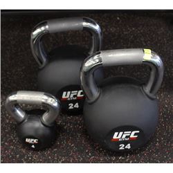 PAIR OF 24KG UFC KETTLEBELLS WITH 4KG KETTLEBELL