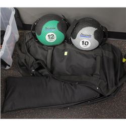 LOT OF 2 SMALL MEDICINE BALLS AND SAND BAGS