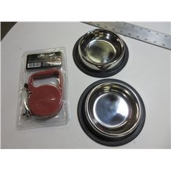New Retractable Leash 10ft & 2 stainless Non skid Bowls / small-med pets