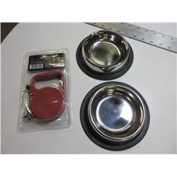 New Retractable Leash 10ft & 2 stainless Non skid Bowls / small-med pets