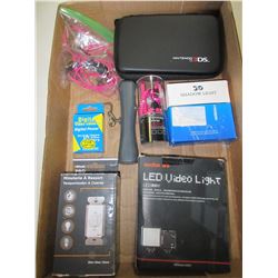 Flat of Assorted Electronics and more / Nintendo case / lights/ headphones