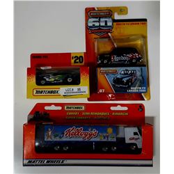 3 MATCHBOX DIE CAST CARS, AUSTIN TAXI, KELLOGS SEMI, ORANGE PEEL DRAGSTER