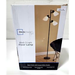 MAINSTAYS 3 LIGHT FLOOR LAMP-BLACK FINISH WITH WHITE FROSTED SHADES