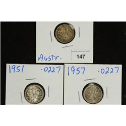 1943-D,51 & 1957 AUSTRALIA SILVER 3 PENCE