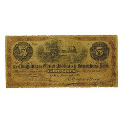 La Compania de Obras Publicas y Fumento del Peru, 1876 Issued Banknote.