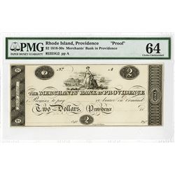 Merchants' Bank in Providence, ca. 1810-1820's Proof Obsolete Banknote.