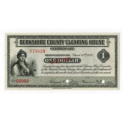 Berkshire County Clearing House Certificate, 1933 $1 Specimen Depression Scrip Note.