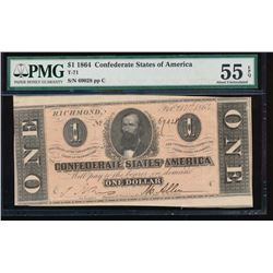 1864 $1 Confederate States of America Note PMG 55EPQ
