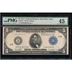 1914 $5 New York Federal Reserve Note PMG 45
