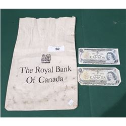 VINTAGE ROYAL BANK CLOTH MONEY BAG W/TWO 1973 DOLLAR BILLS