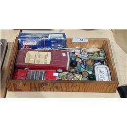 WOOD TRAY OF VINTAGE TIN CARS, MARBLES, SPOONS, NECKLACE ETC