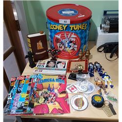 LOONEY TUNES BUCKET W/10 MEGA MEN COMICS, STAR TREK TOYS ETC