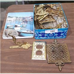 TIN OF VINTAGE BRASS HOOKS ETC