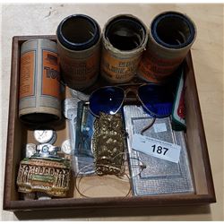 WOOD TRAY OF MISC VINTAGE ITEMS