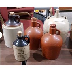 5 VINTAGE CROCKERY WHISKEY JUGS
