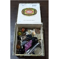 VINTAGE CIGAR BOX W/WORLD COINS, KNIVES, LIGHTERS, MARBLES ETC
