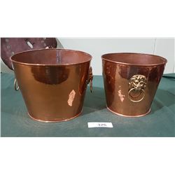 2 HAND BEATEN COPPER ICE BUCKETS W/LION'S HEAD HANDLES