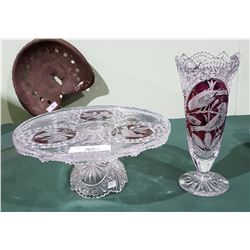 2 PCS VINTAGE RUBY FLASH BRILLIANT CUT GLASS W/BIRD MOTIF